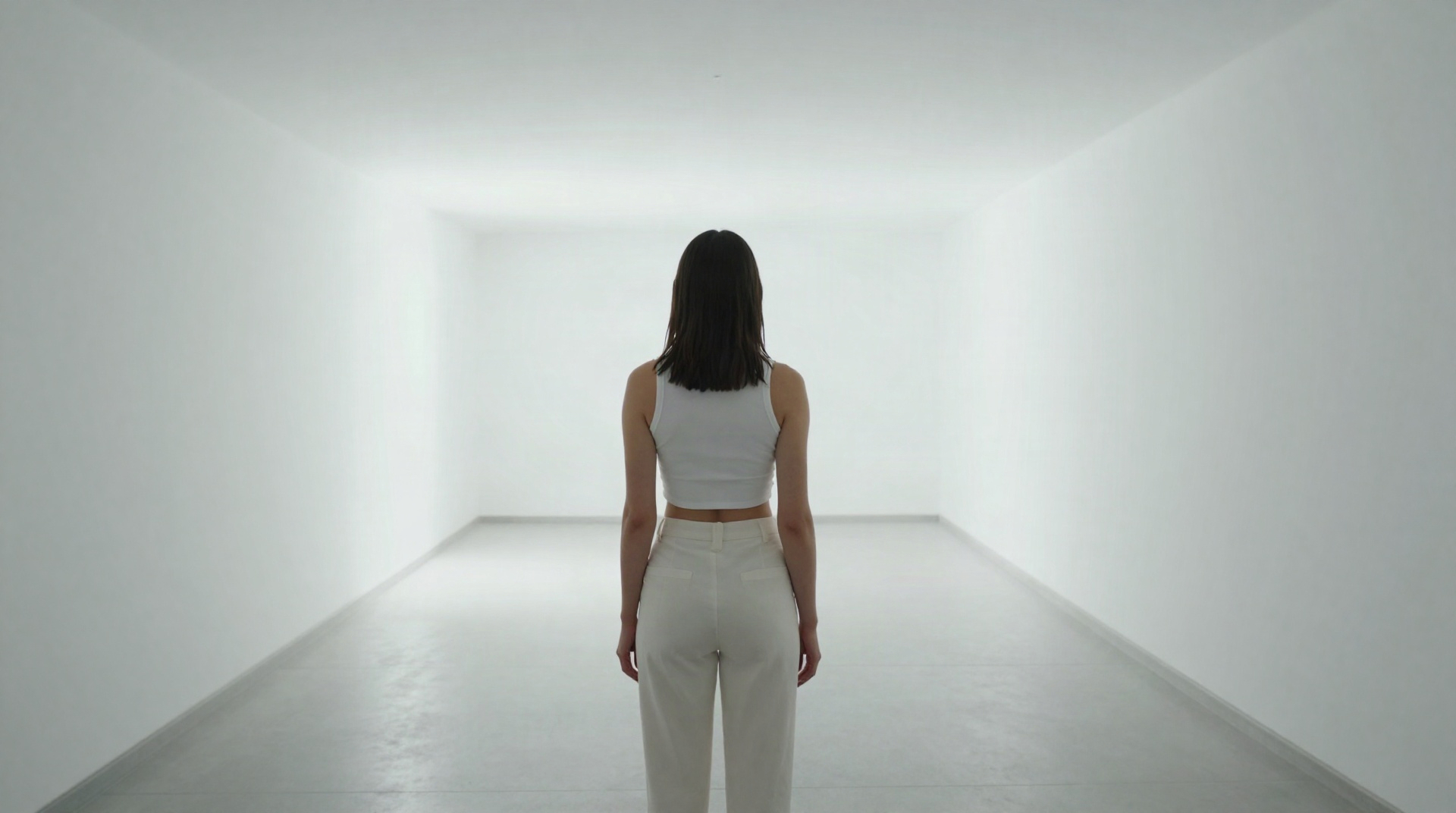 Студентка стоит на развилке трех пустых коридоров в минималистичном стиле