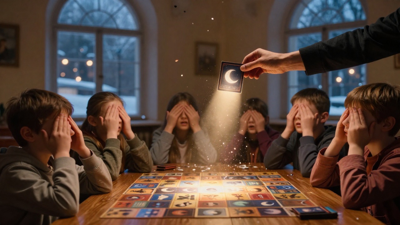 Крупный план карточек ролей и рук детей: момент раздачи ролей в мафии